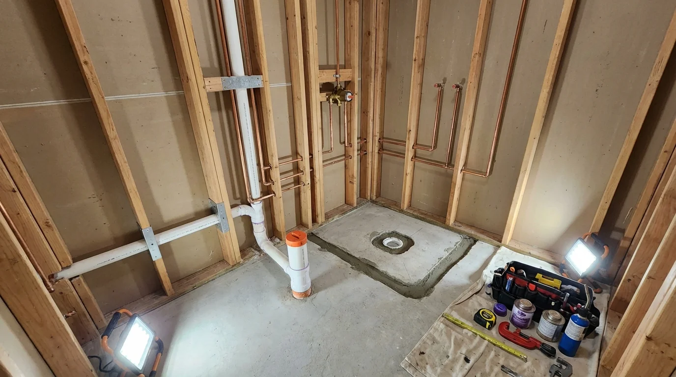 Bathroom rough-in plumbing during remodel by Johns Plumbing LLC in Rindge