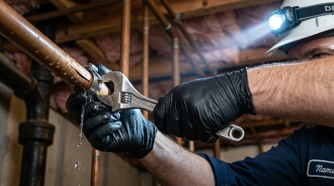 Emergency pipe clamp repair being performed by a Johns Plumbing LLC plumber in Rindge