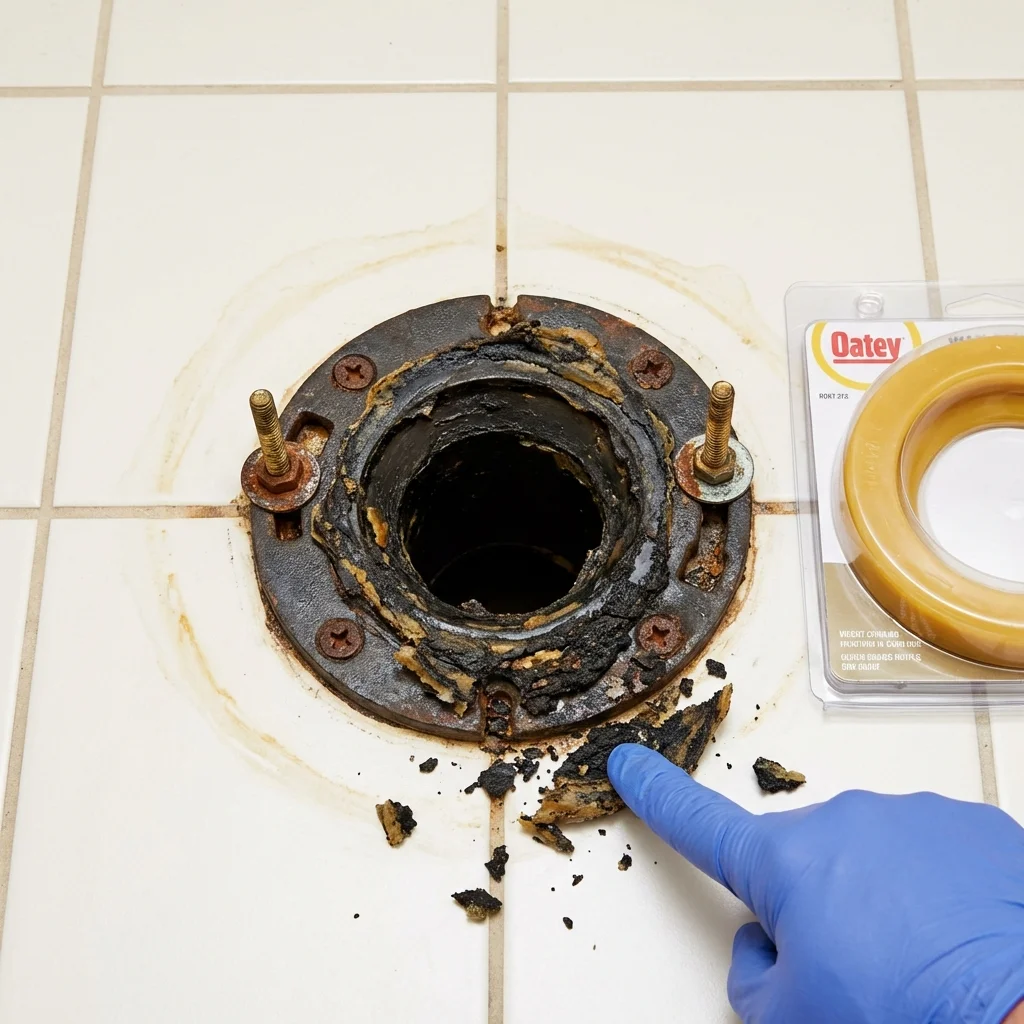 Failed wax ring showing water seepage at the base of a toilet in a Rindge, NH home