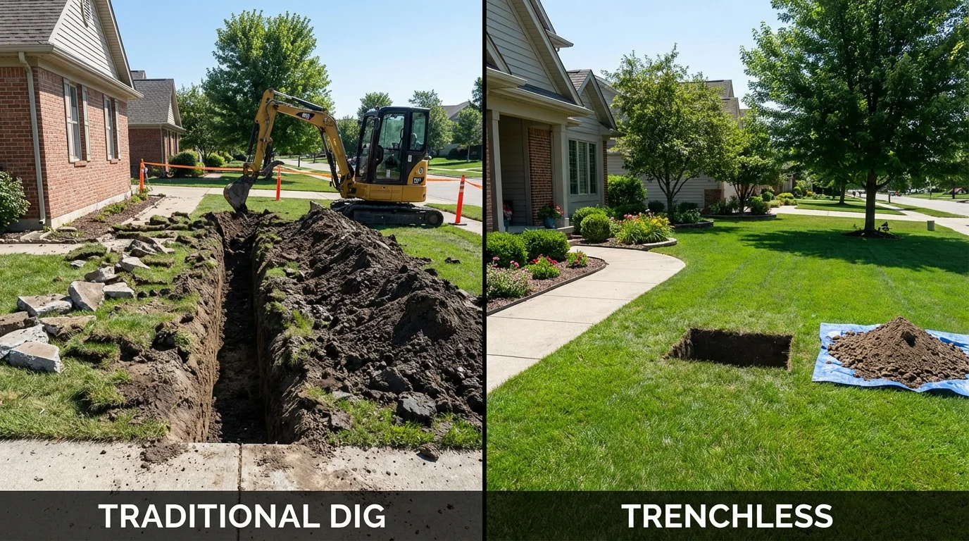 Trenchless sewer repair with minimal yard damage versus traditional excavation in Rindge, NH