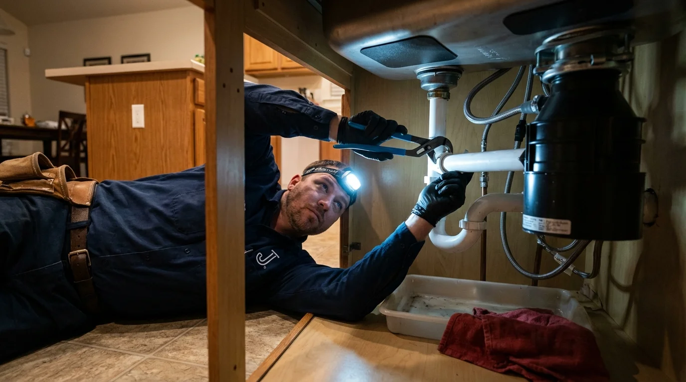 P-trap and supply line connections under a kitchen sink showing a common leak point in Rindge, NH